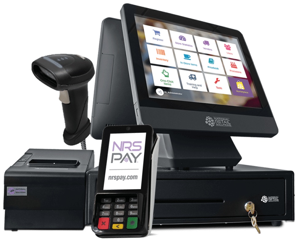 NRS point-of-sale hardware with touchscreen, customer display, card reader, scanner and cash drawer