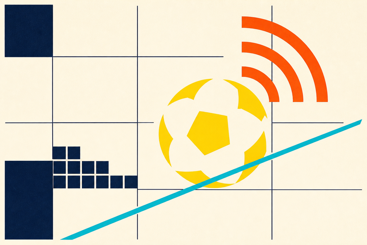 Abstract Swiss-style composition of a yellow soccer ball crossing a teal line toward orange broadcast arcs