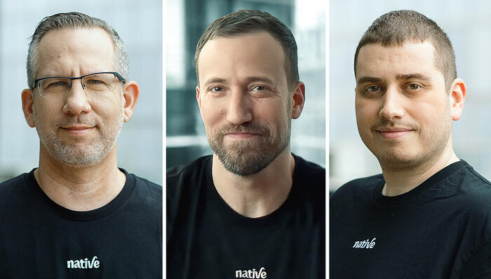 Native co-founders Eyal Faingold, Amit Megiddo and Gal Ordo standing together in Native shirts