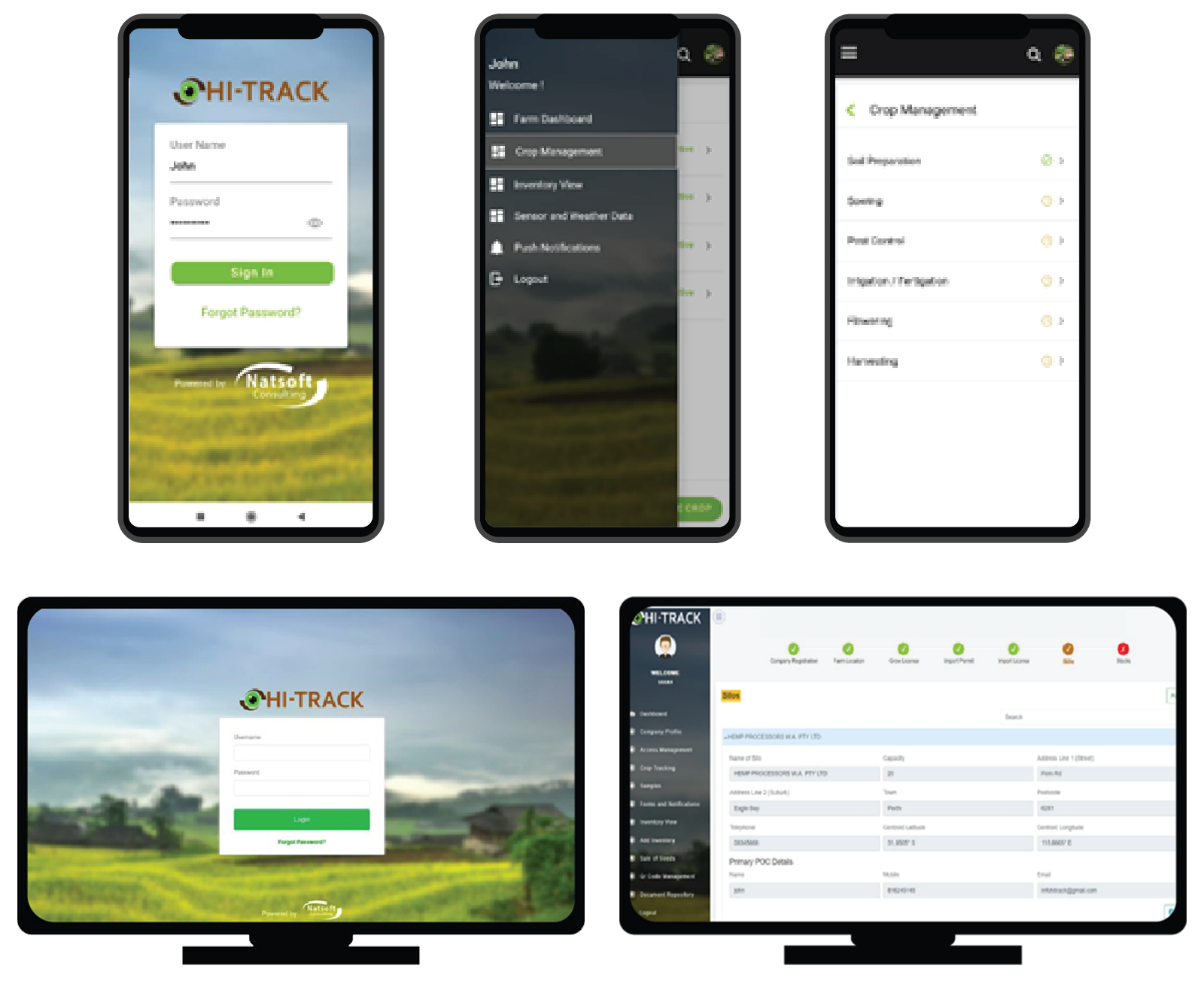 HI-TRACK product screens showing mobile crop management and desktop inventory interfaces