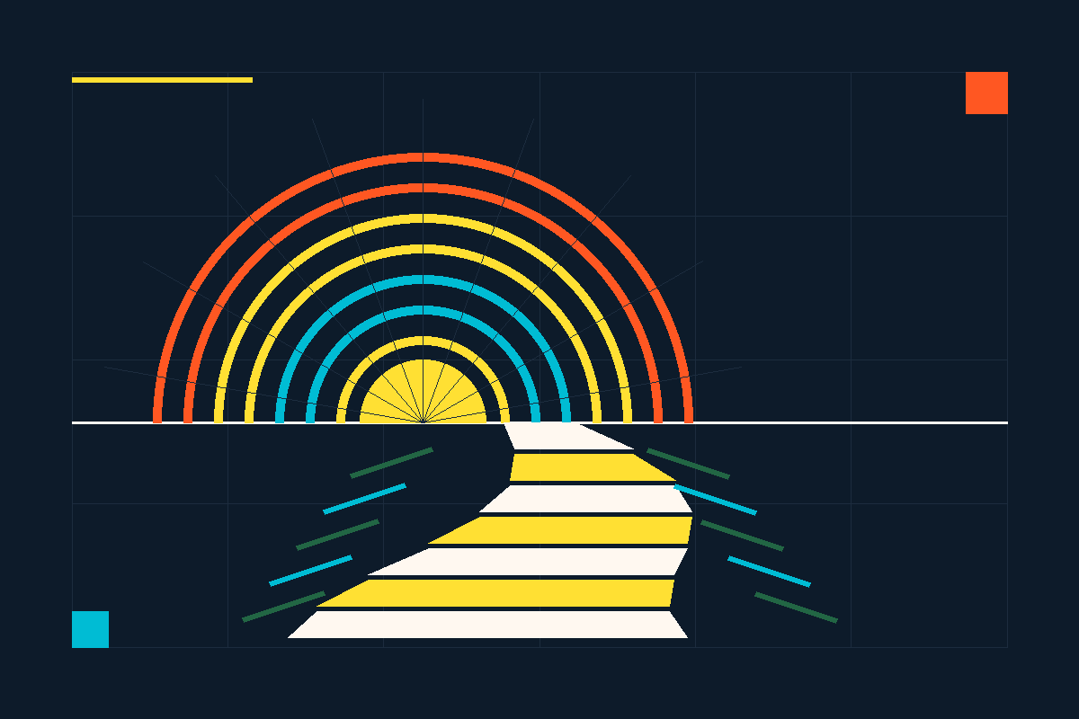 Swiss-style graphic of a sun rising over a winding path through organic fields