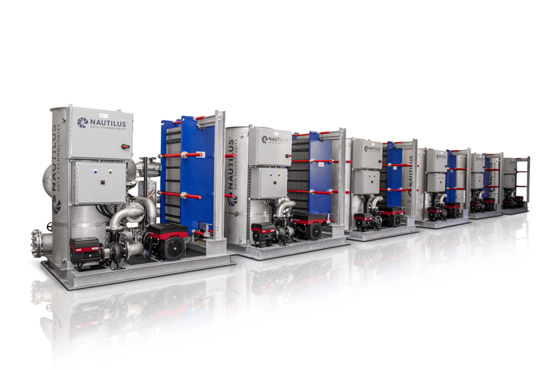 A row of Nautilus EcoCore COOL cooling distribution units with visible pumps and heat exchangers