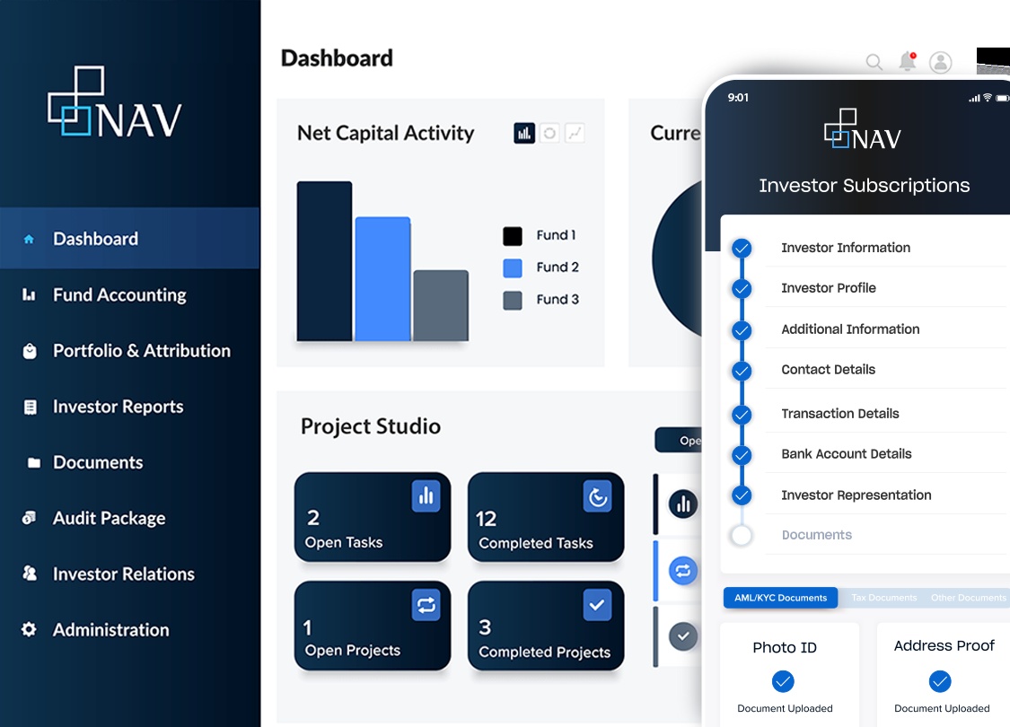 NAV Portal product illustration showing fund accounting dashboards and mobile investor subscription steps