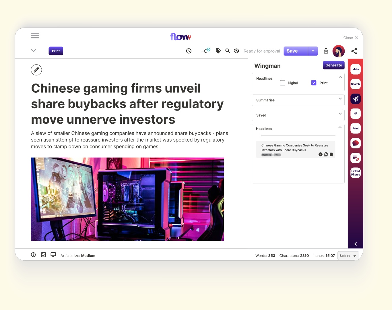 Naviga Flow editor showing an article and the Wingman panel for suggested headlines