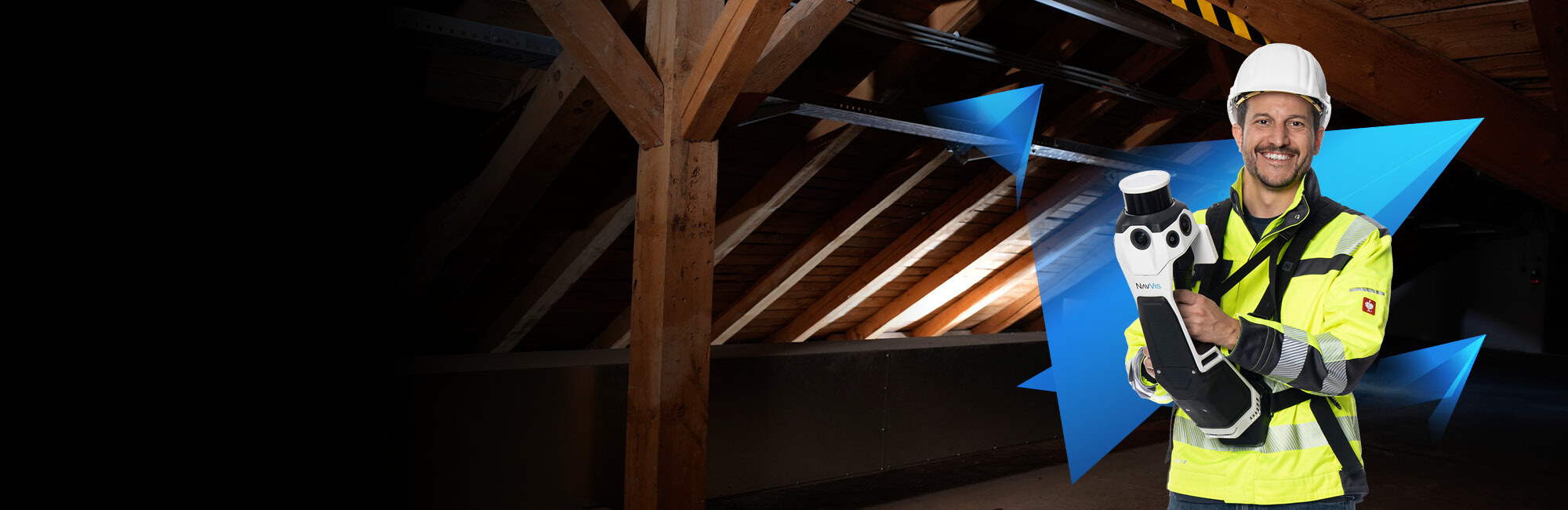 Operator holding a NavVis MLX scanner beneath timber roof beams
