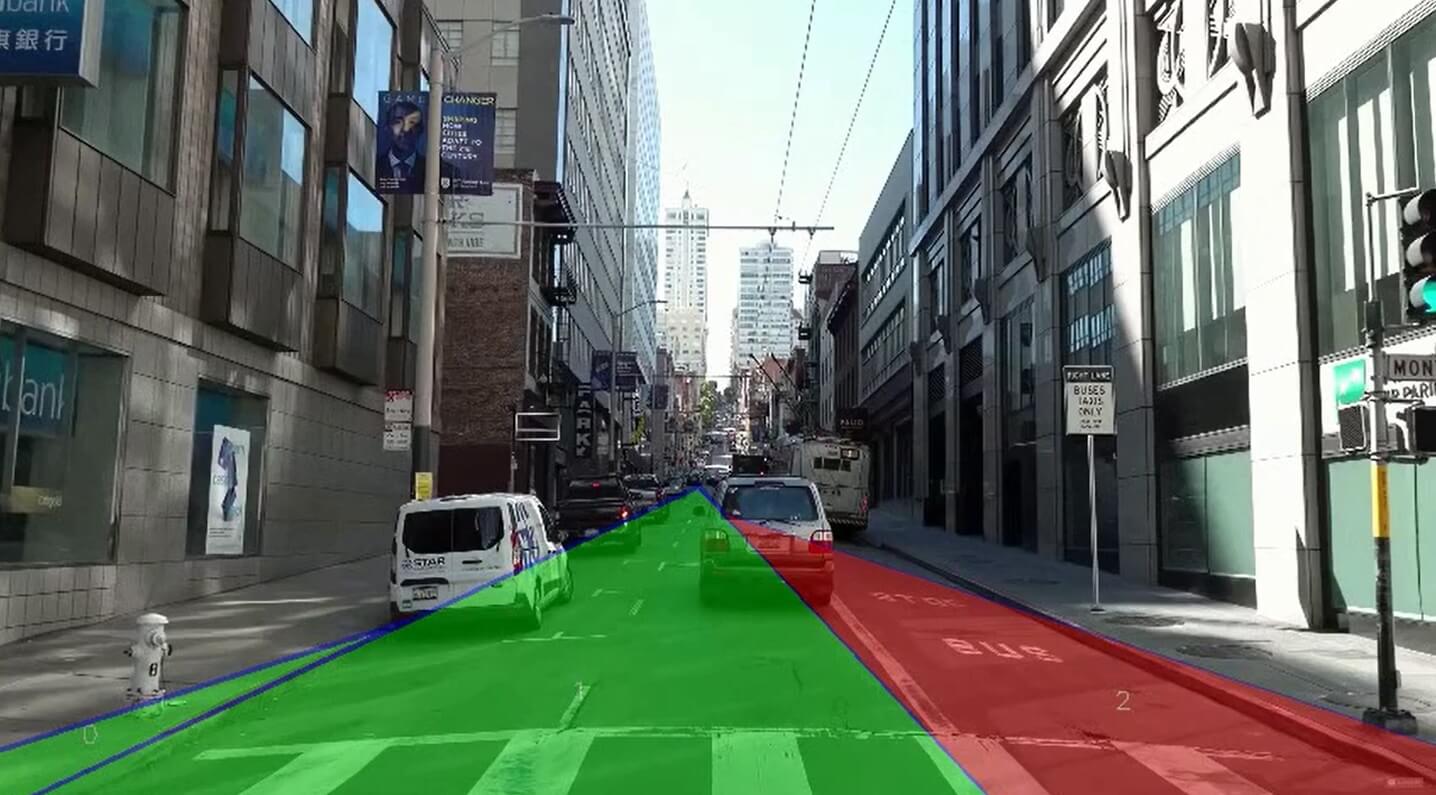 Road-view image segmented by NAYAN computer vision into traffic zones