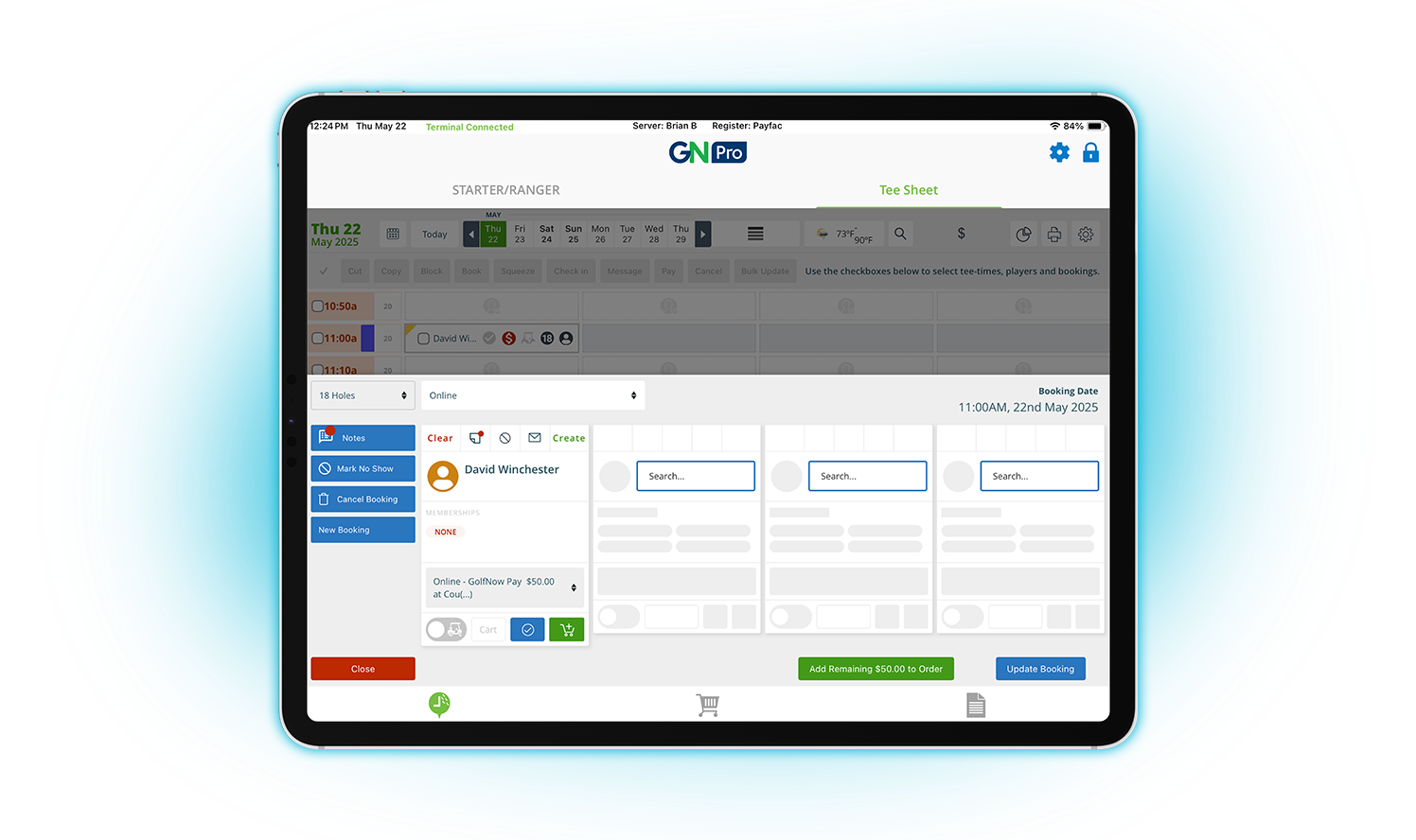 GolfNow Pro interface visual showing a digital tee sheet