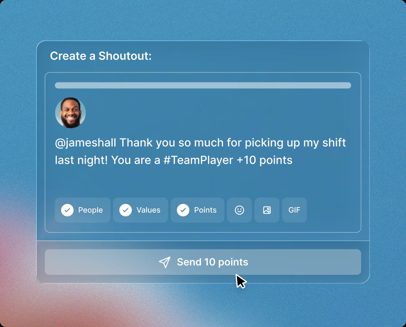 Nectar product illustration showing a shoutout thanking James Hall for covering a shift, with a TeamPlayer value tag and ten points