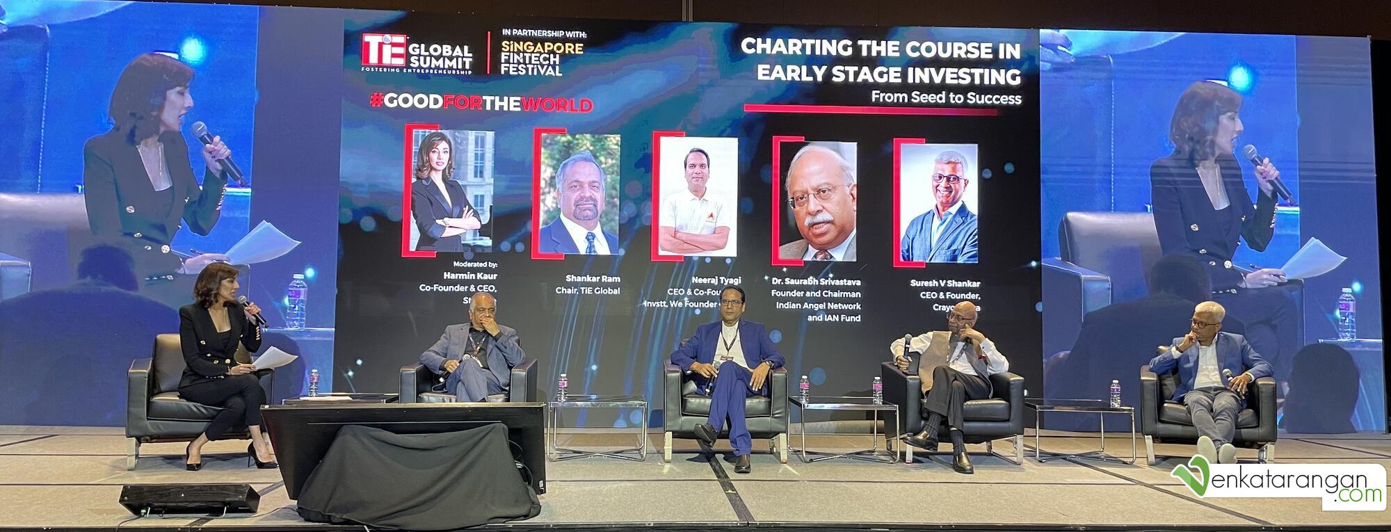Neeraj Tyagi seated in the centre of an early-stage investing panel at TiE Global Summit 2023 in Singapore