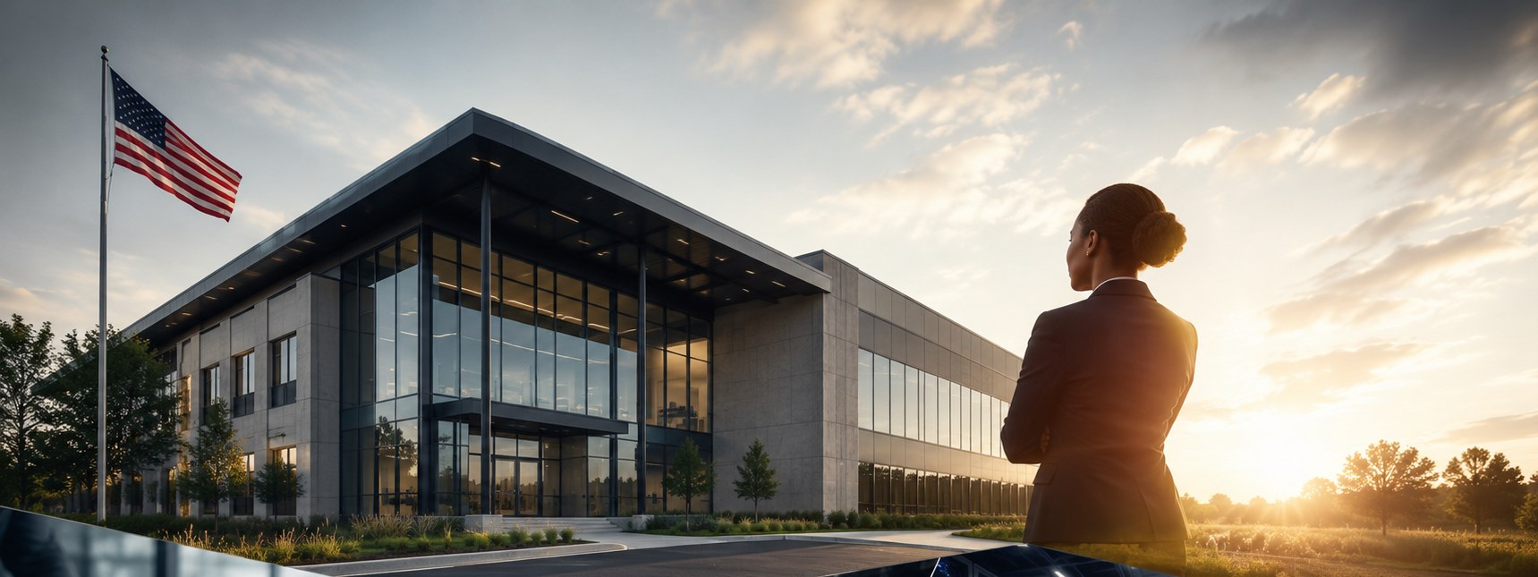Illustrative view of a government facility at sunset with a professional looking toward it