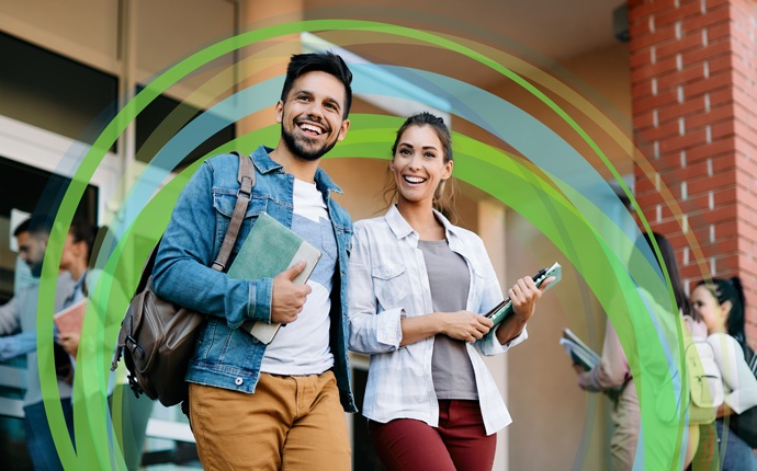 Two students smiling together in a photograph used on Nelnet’s billing product page