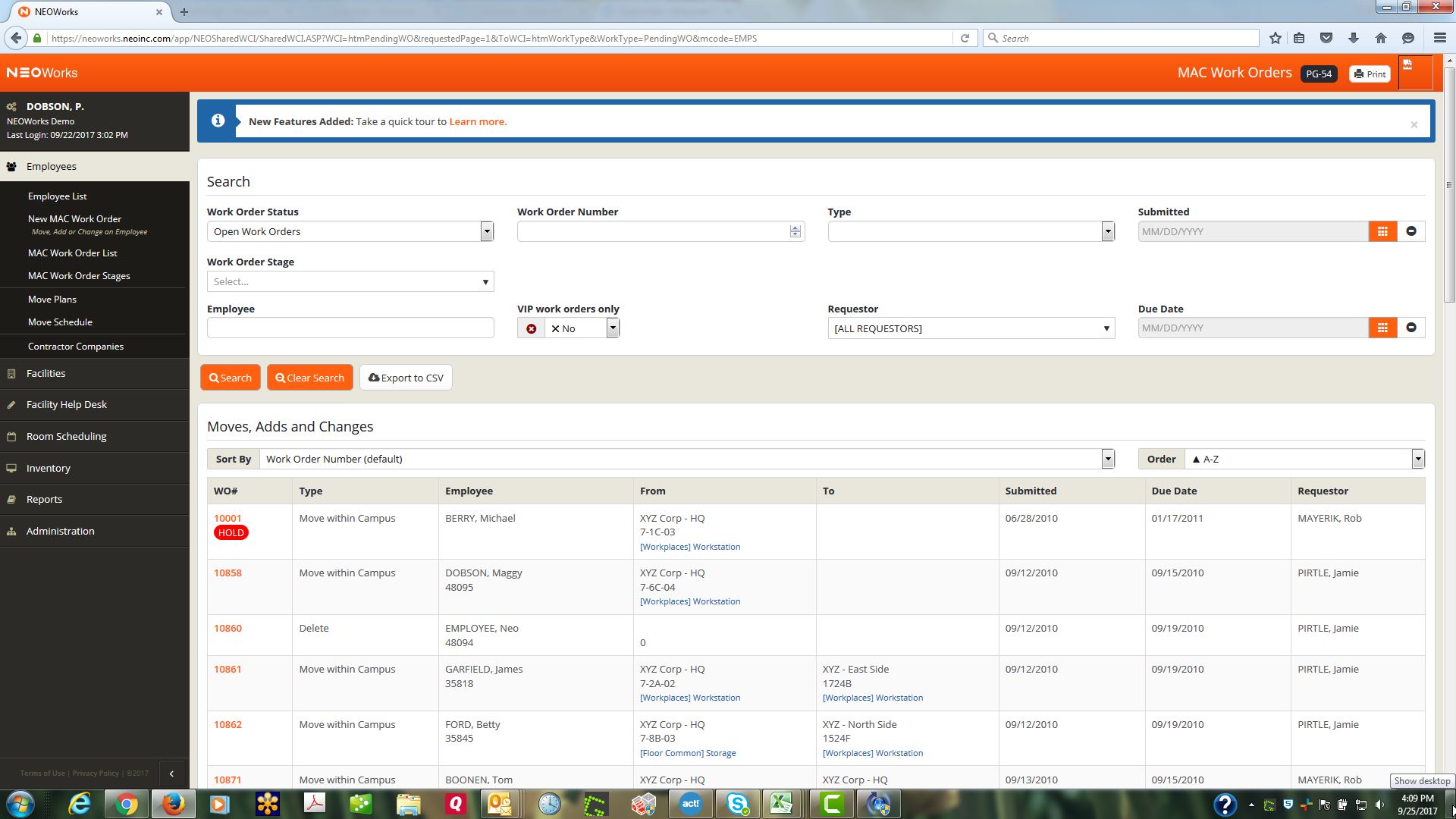 Historical NEOWorks demo showing search controls and a list of moves, adds, and changes work orders