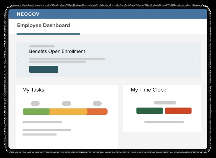 NEOGOV’s illustrative employee dashboard showing benefits enrollment, tasks, and a time clock