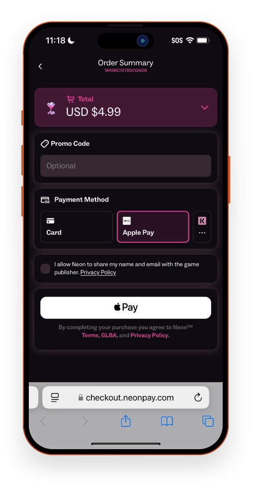 Neon Direct Checkout payment screen for an East Side Games title with Apple Pay option