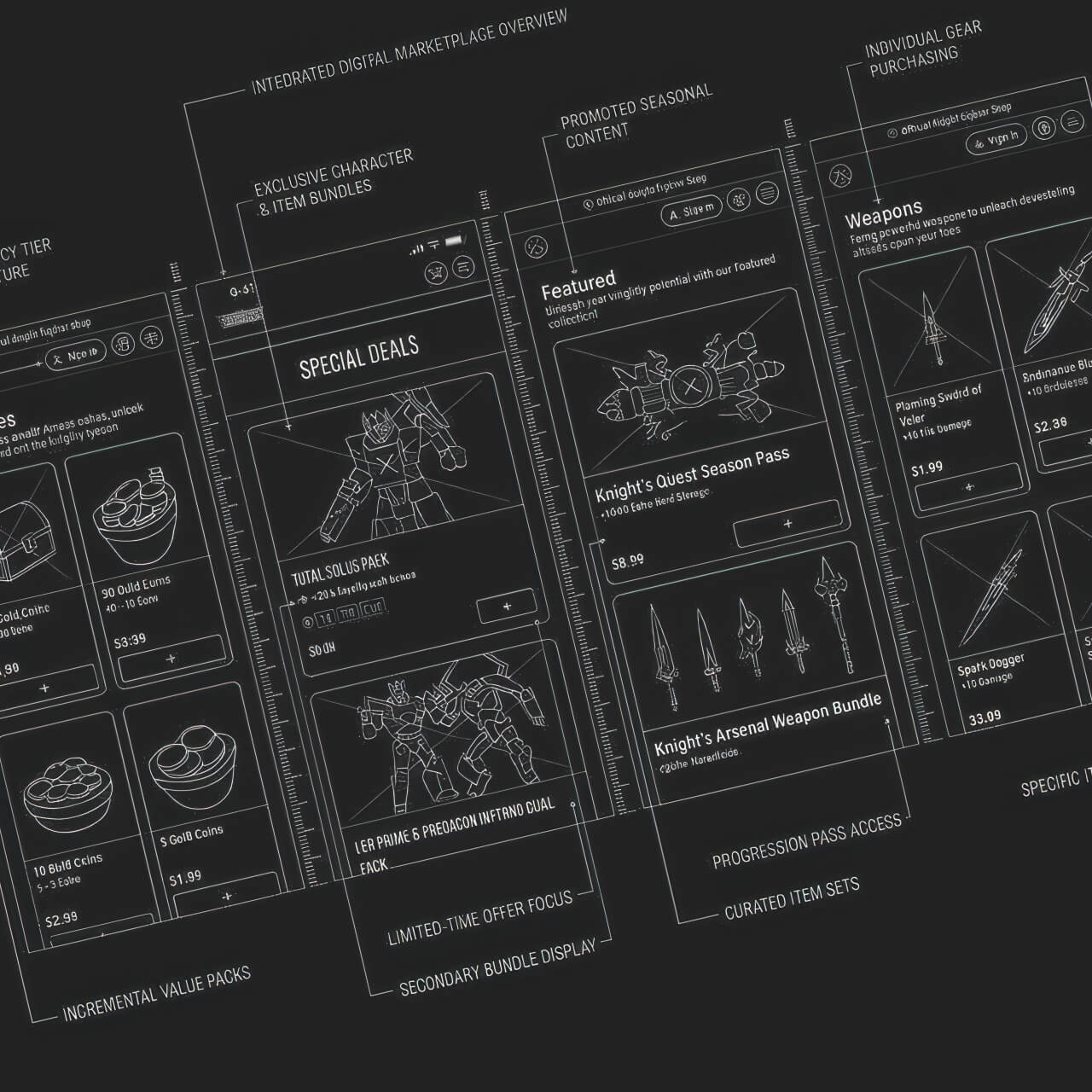 Neon’s blueprint illustration of a game webshop, showing offer cards, bundles and featured content