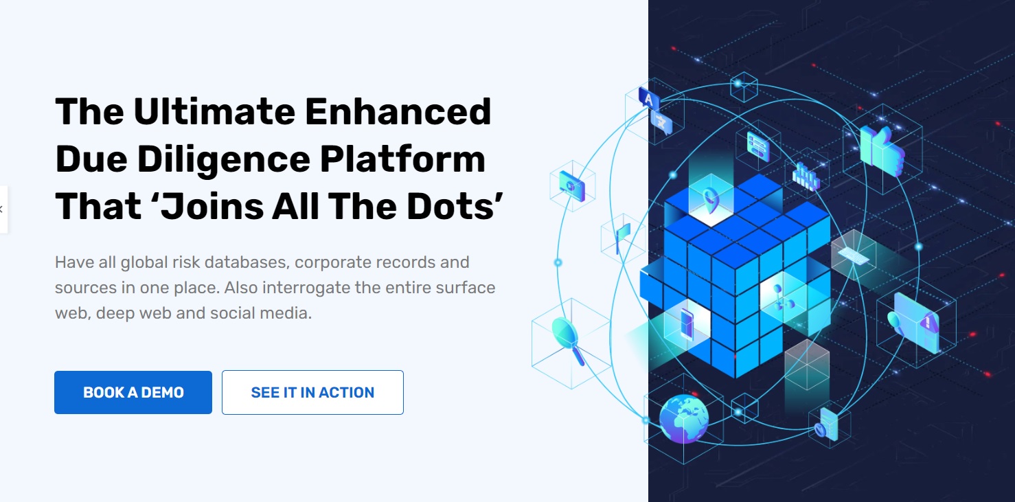 Neotas enhanced due diligence platform illustration showing connected sources around a blue cube