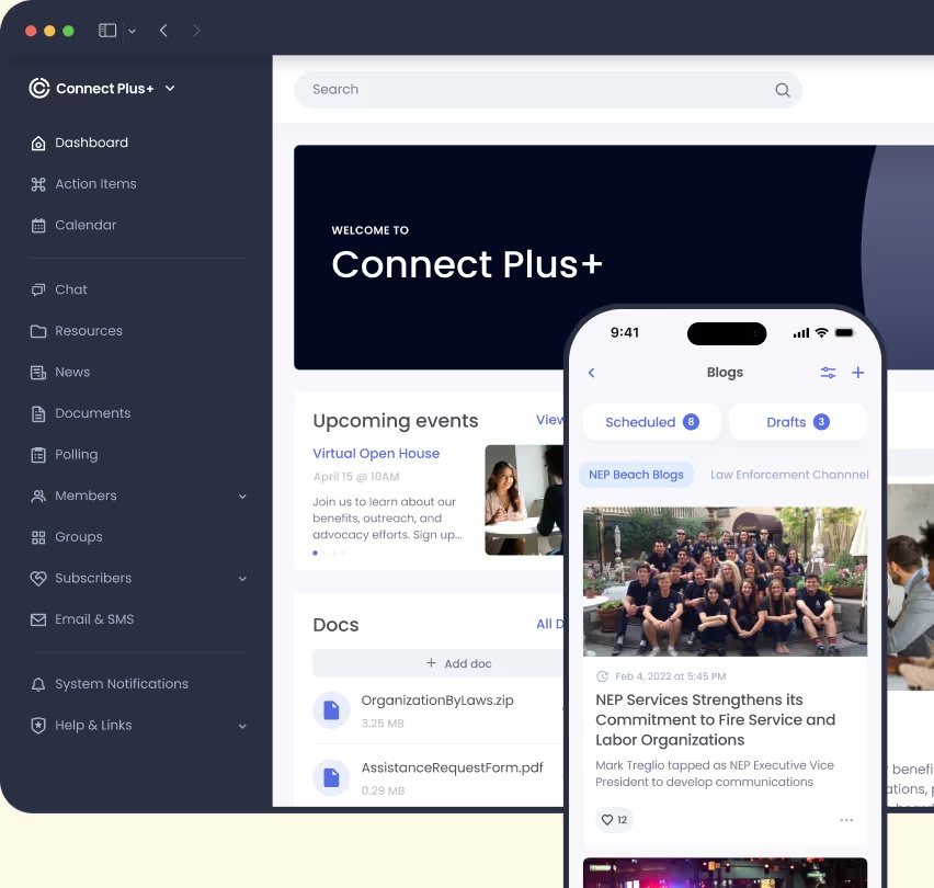 NEP’s Connect Plus+ product presentation showing desktop and mobile interfaces