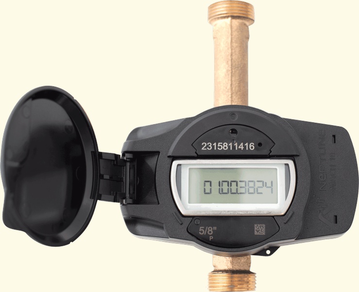 Neptune MACH 10 ultrasonic water meter with its register lid open