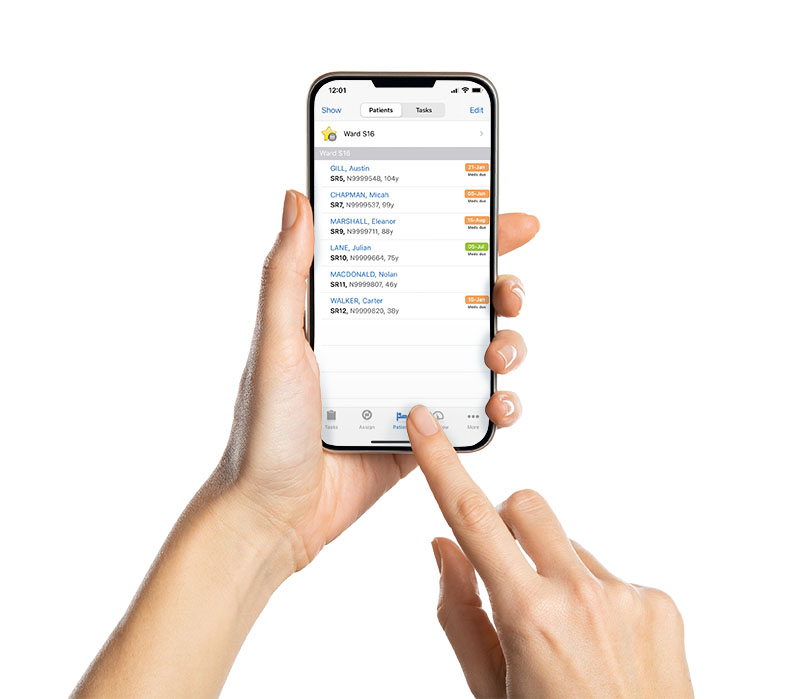 Nervecentre promotional product photograph showing a hospital patient list on a handheld smartphone