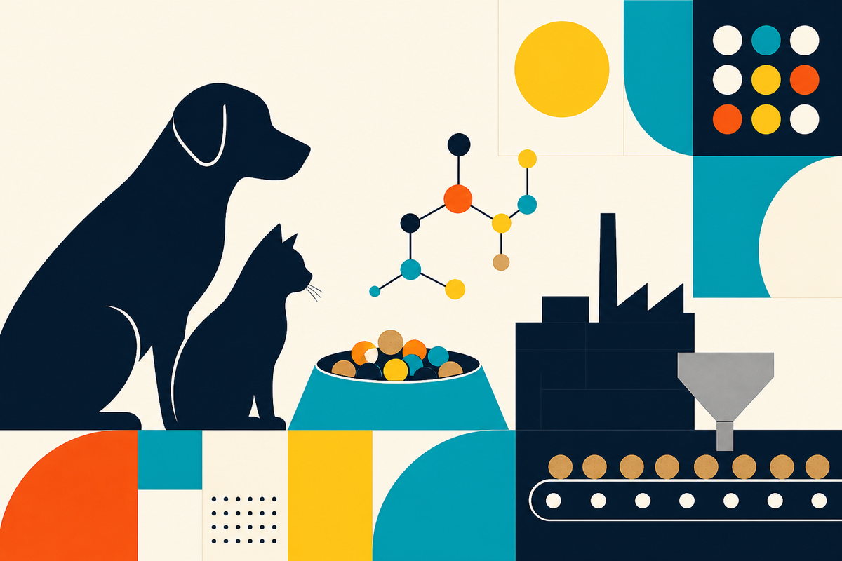 Geometric illustration of a dog and cat beside a bowl, molecular diagram and pet-food factory