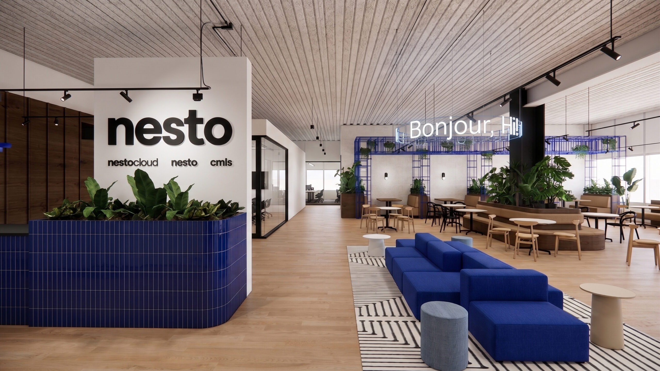 The reception and collaborative seating area at Nesto Group's Montreal headquarters