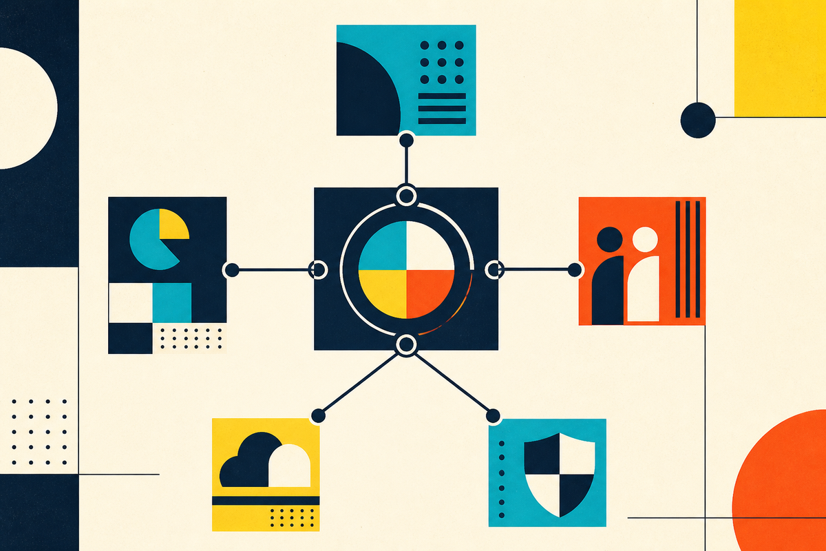 Abstract Swiss-style illustration of connected business systems surrounding a central operations hub