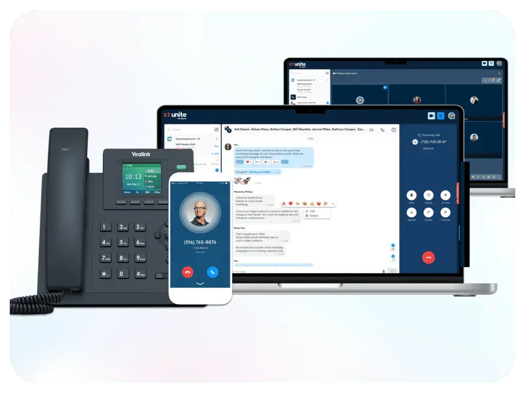 Official net2phone Unite illustration showing calling and messaging across a desk phone, mobile phone and computers