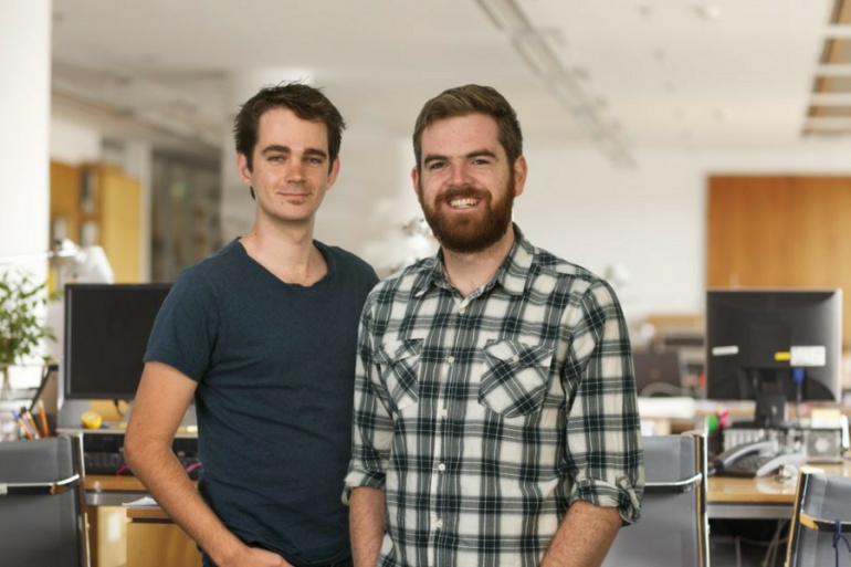 Instaclustr co-founders Adam Zegelin, left, and Ben Bromhead in an office