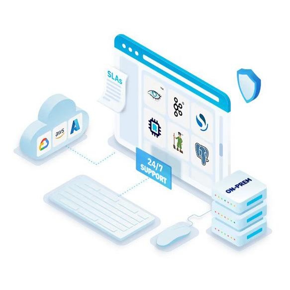 Instaclustr product illustration showing cloud and on-premises infrastructure, multiple data technologies and round-the-clock support