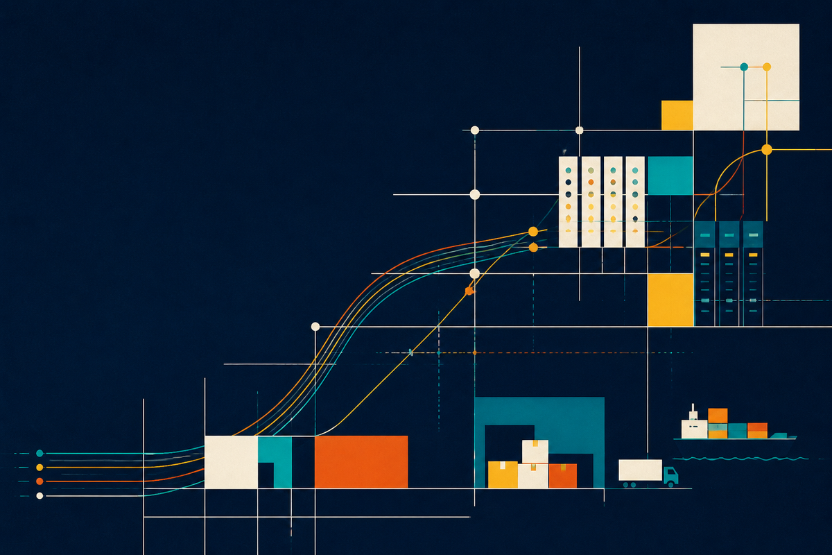 Abstract Swiss-style illustration of fiber routes connecting warehouses, network racks and delivery systems