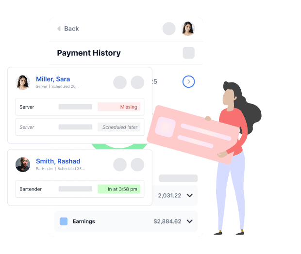 Netchex marketing illustration combining payment history and employee time status