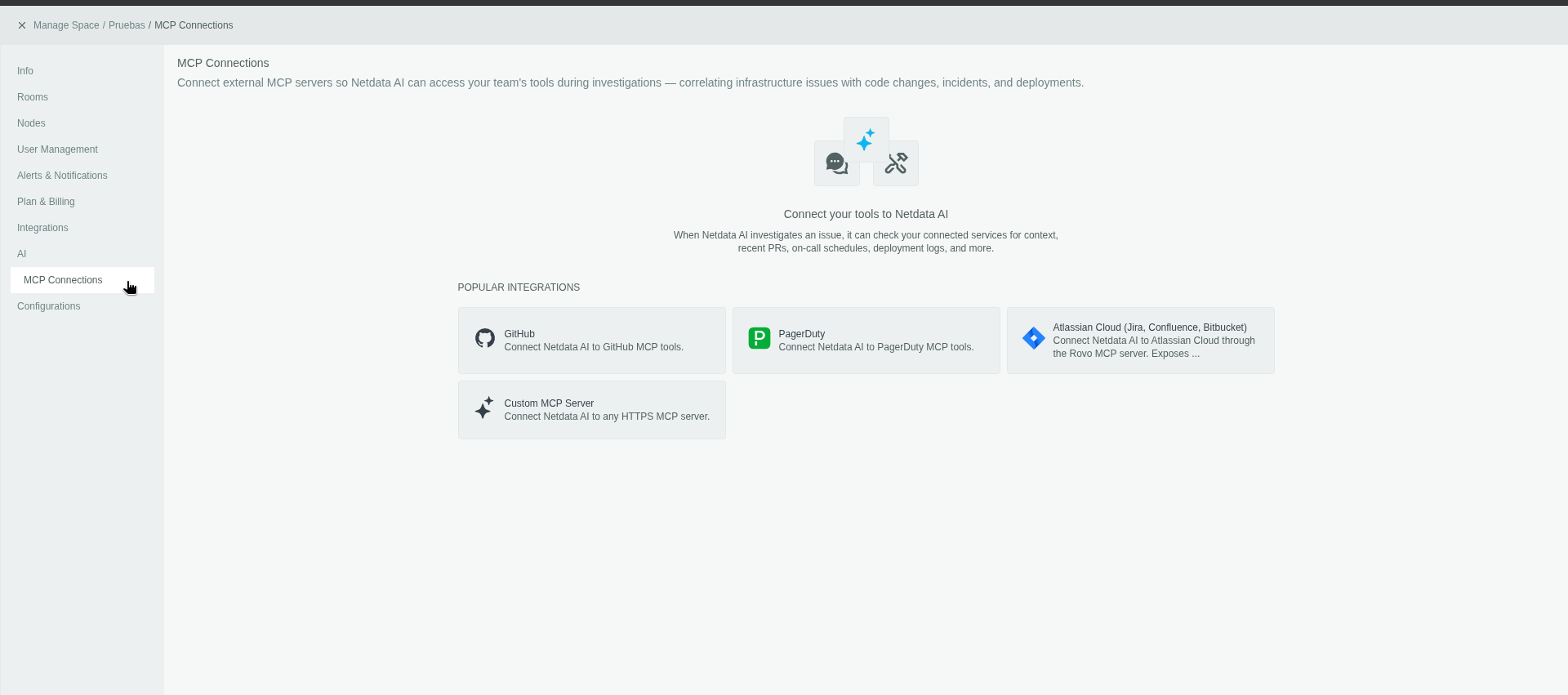Netdata Cloud MCP Connections settings showing external tools available for AI investigations