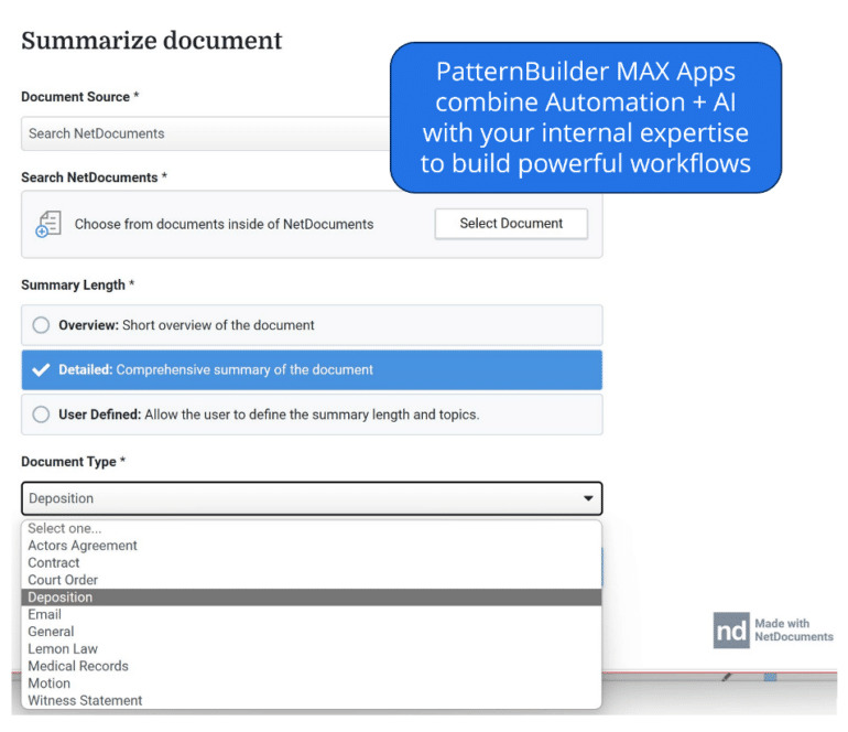 NetDocuments document summarization interface with options for summary length and document type