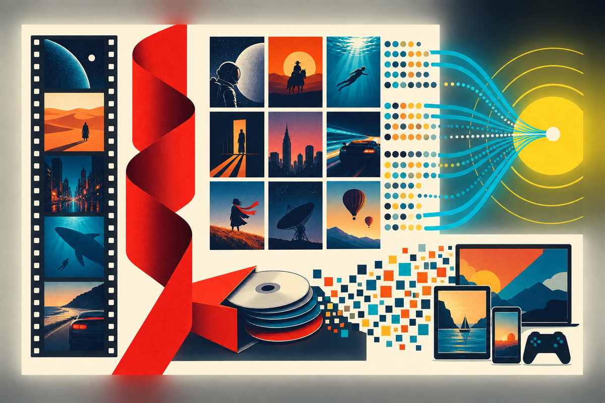 Abstract Swiss-style composition showing film frames, data paths, discs and connected screens