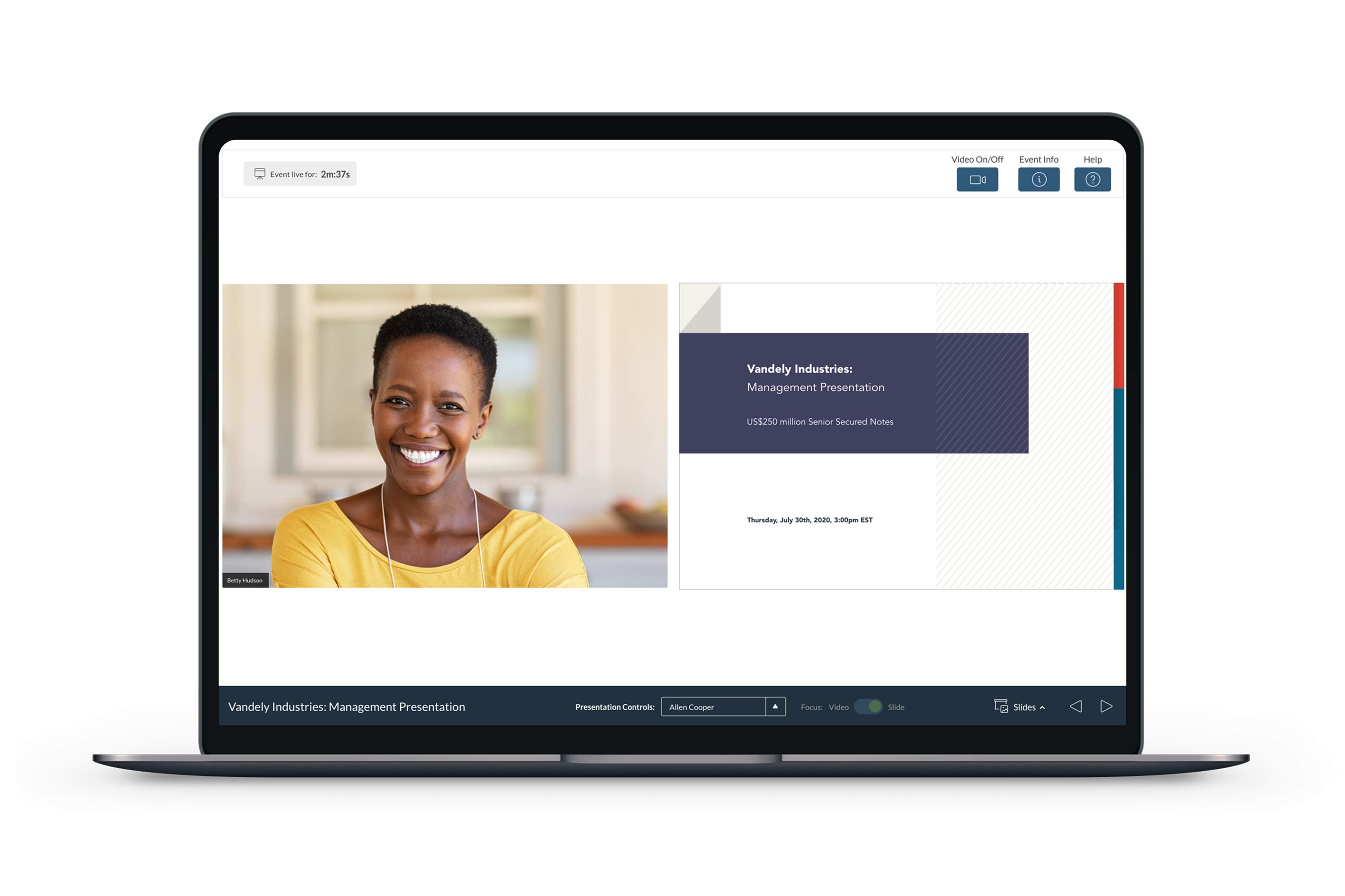 NetRoadshow Live product illustration showing a presenter beside a management presentation on a laptop