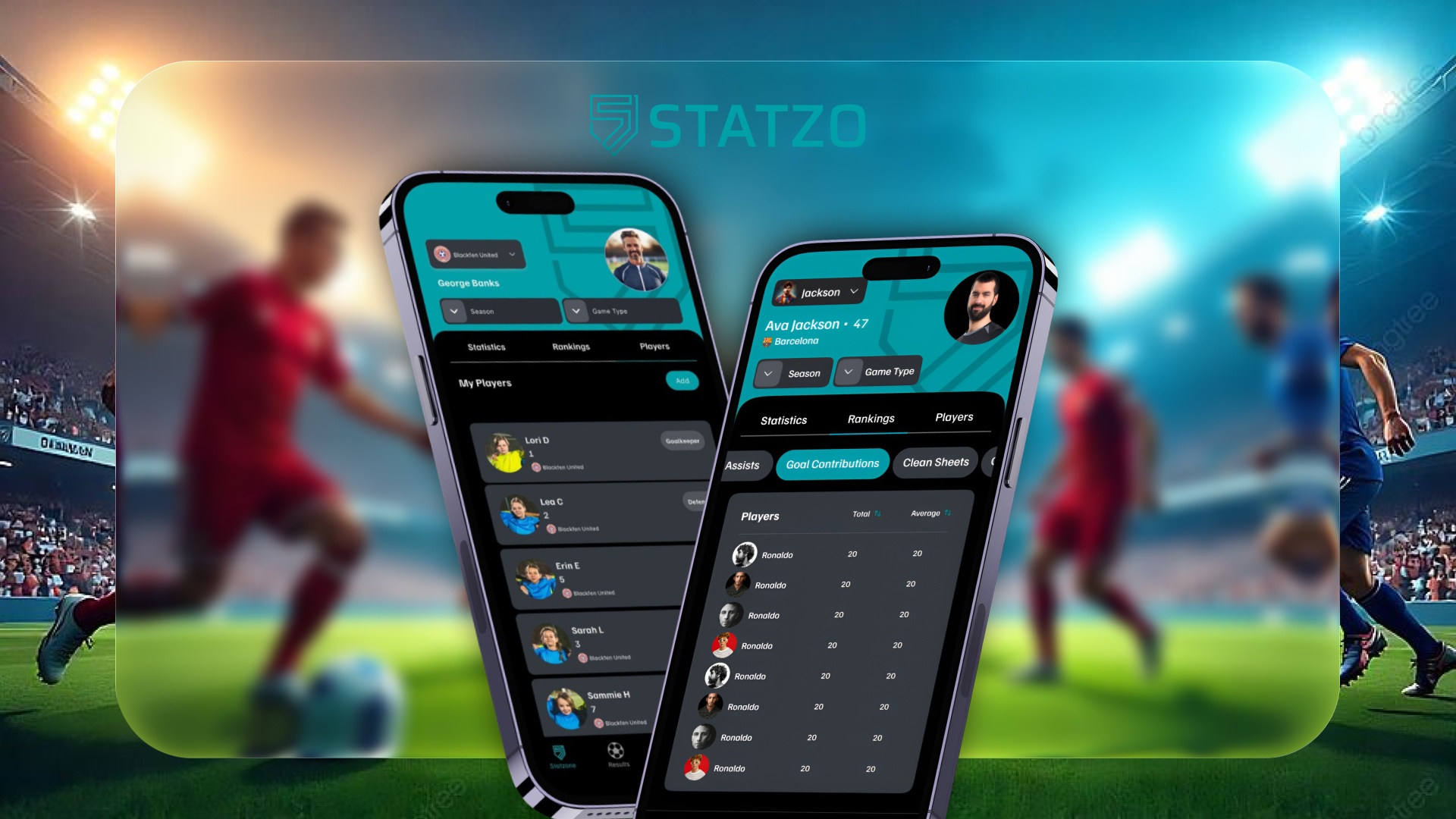 Company portfolio illustration showing Statzo football statistics and team management screens