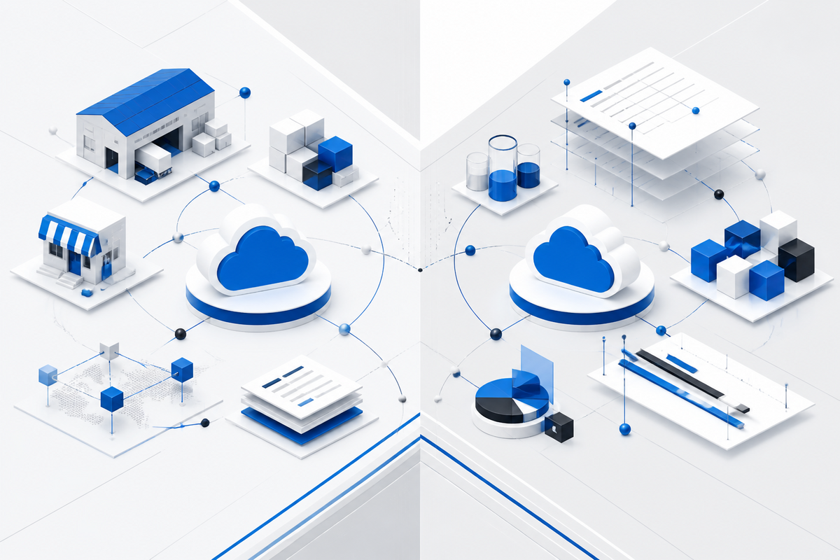 Two cloud systems surrounded by different operational and financial modules