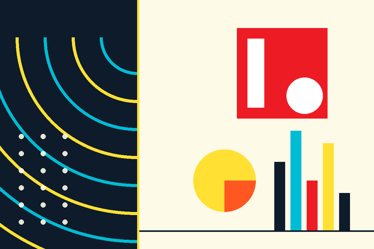 Swiss-style graphic of broadcast waves, a red 18 motif and media metrics