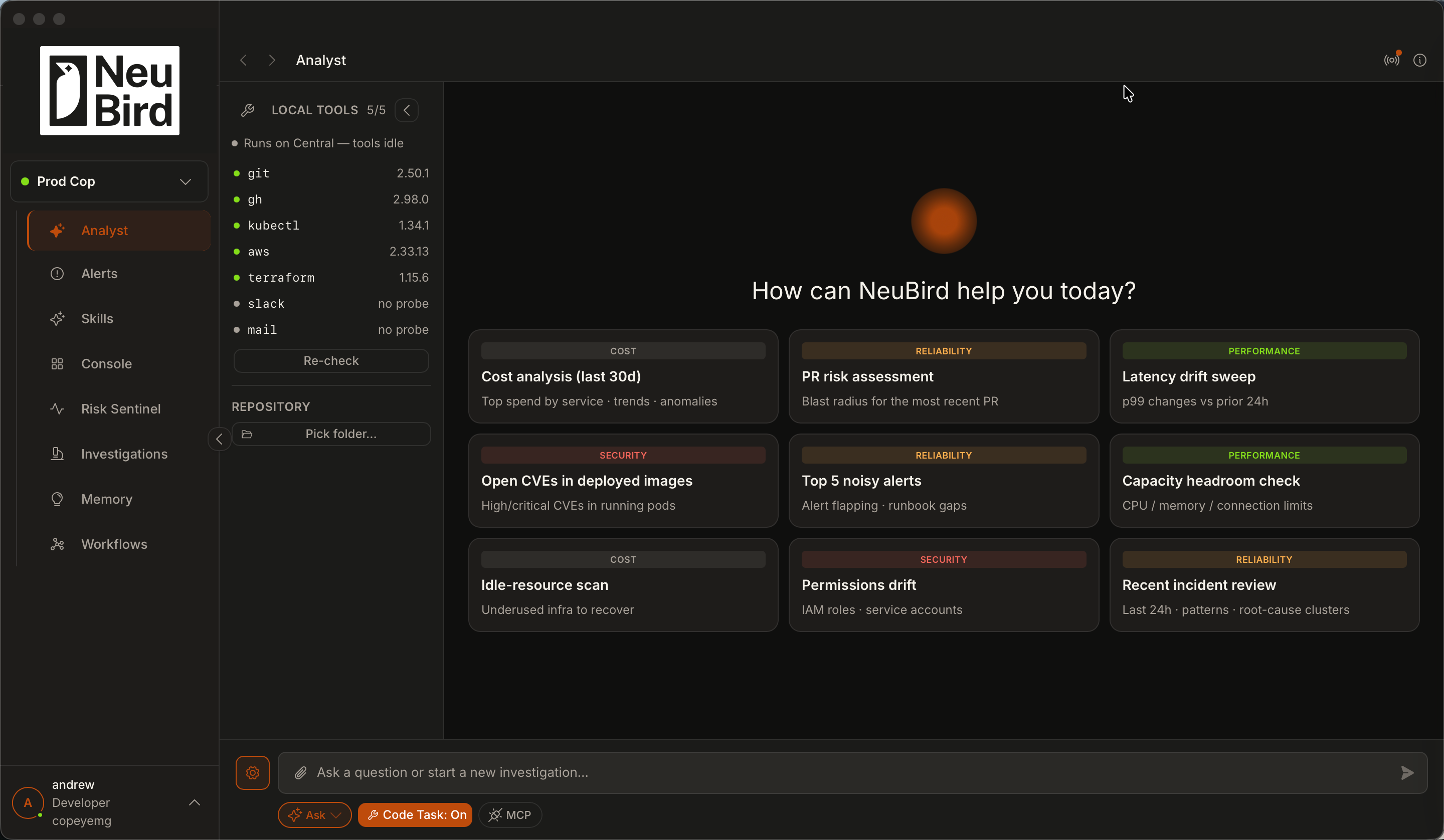 NeuBird desktop product interface