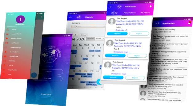 MyTomorrow product montage showing a school app menu, calendar, hall pass approvals and notifications