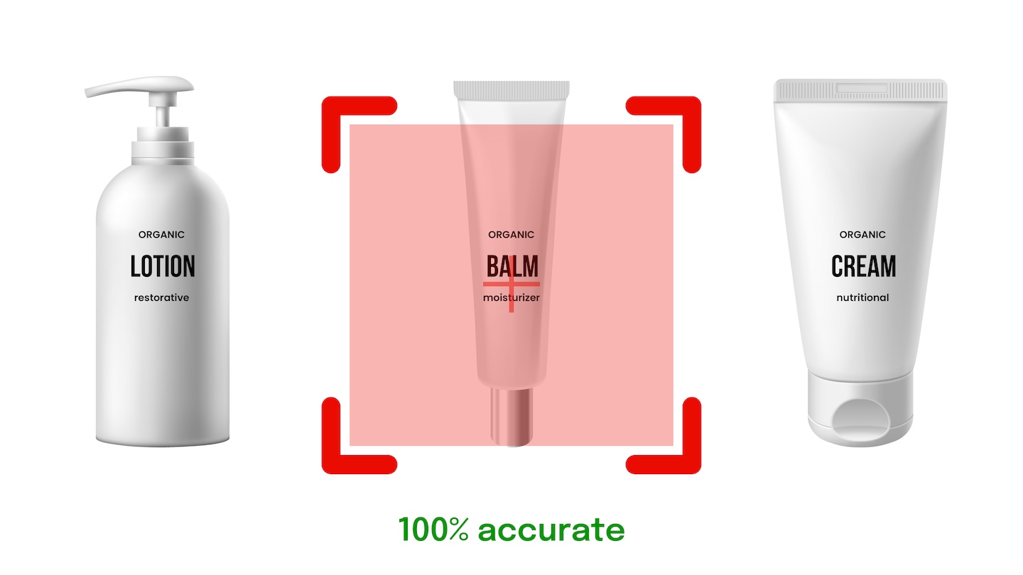 NeuRetail illustration showing a balm tube selected by a recognition frame beside lotion and cream
