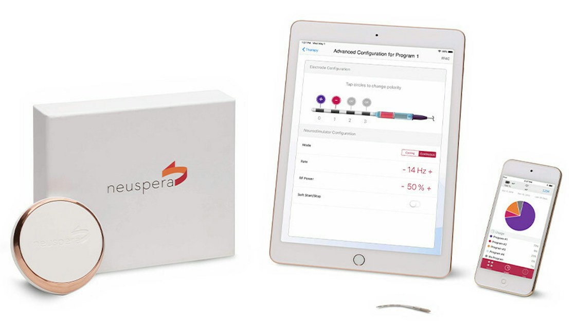 Neuspera wireless neurostimulation platform, including transmitter, small implant and programming screens