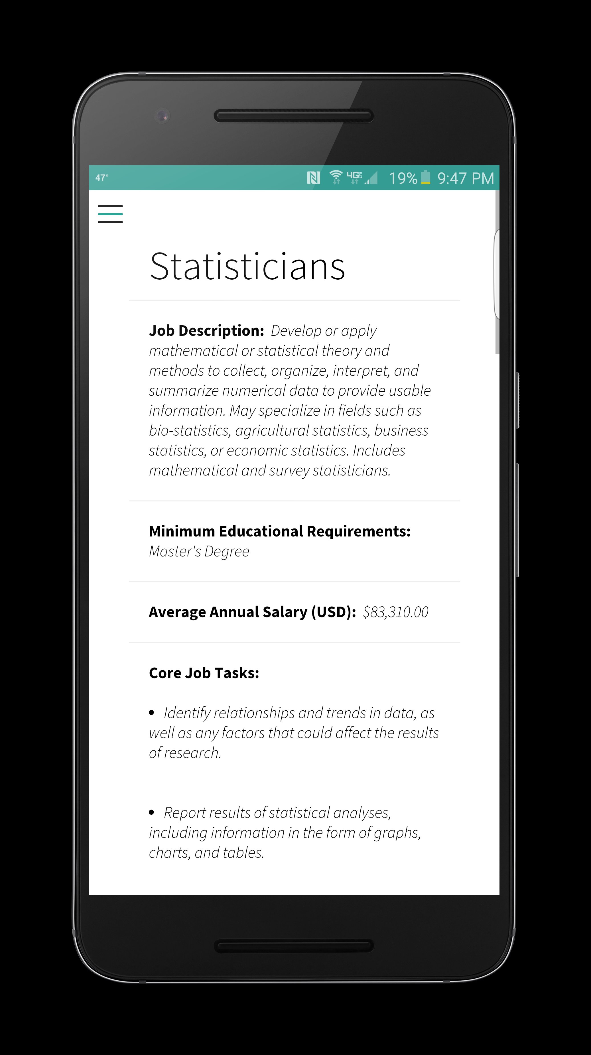Archived redic promotional occupation screen for statisticians, showing education, salary and job tasks.