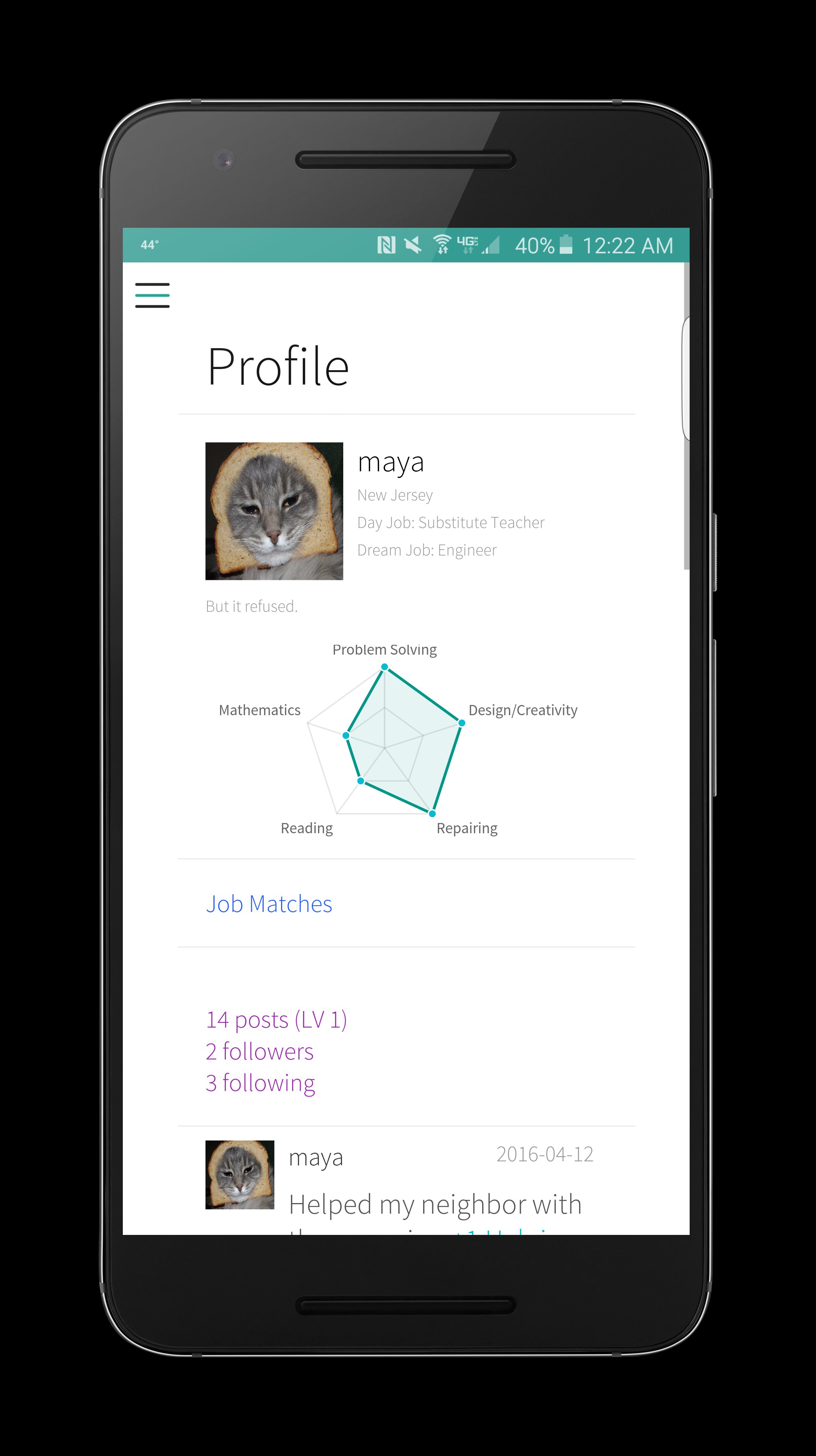 Archived redic promotional profile showing Maya, a cat avatar, a skills chart and job matches.