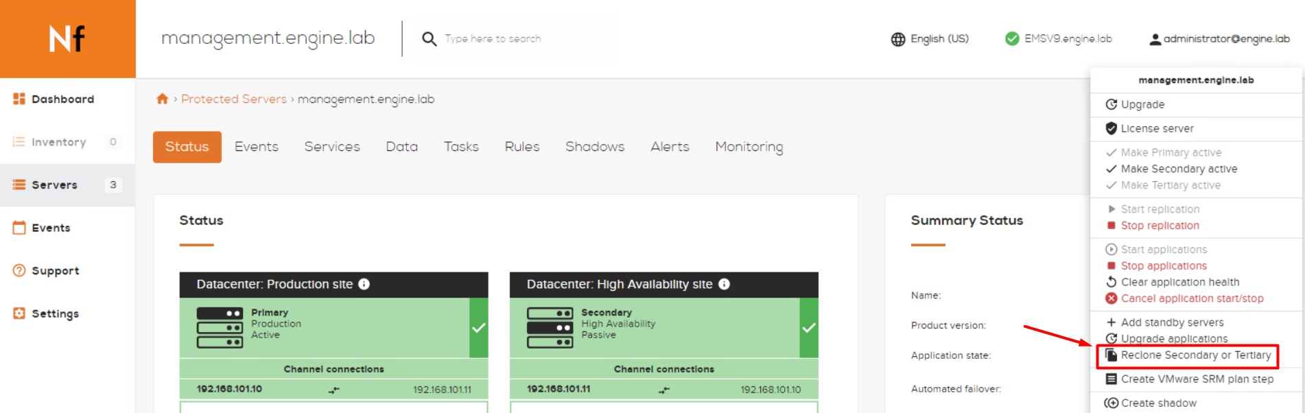 Neverfail management console showing active and passive servers and the secondary-server reclone menu
