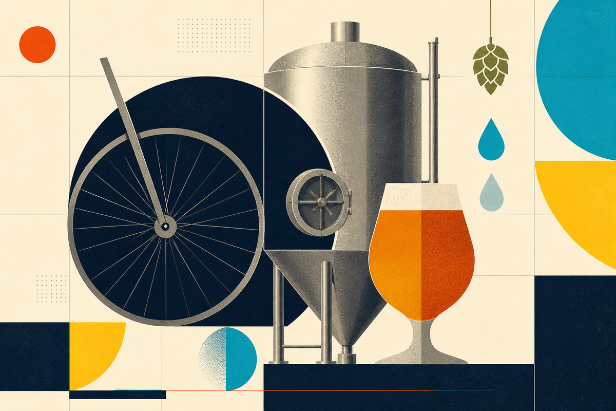 Swiss-style illustration of a bicycle wheel, fermentation vessel, hops, water and an amber beer glass