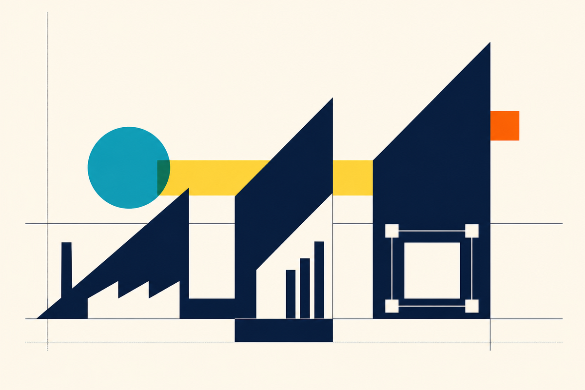 Abstract geometric illustration of three investment strategies sharing one foundation