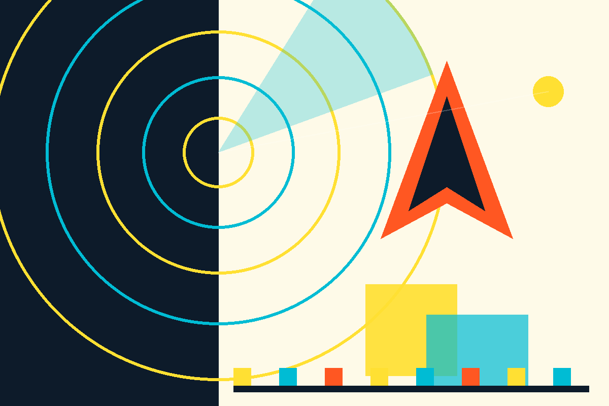 Swiss-style graphic of radar rings, a north-pointing arrow, and dual-use blocks