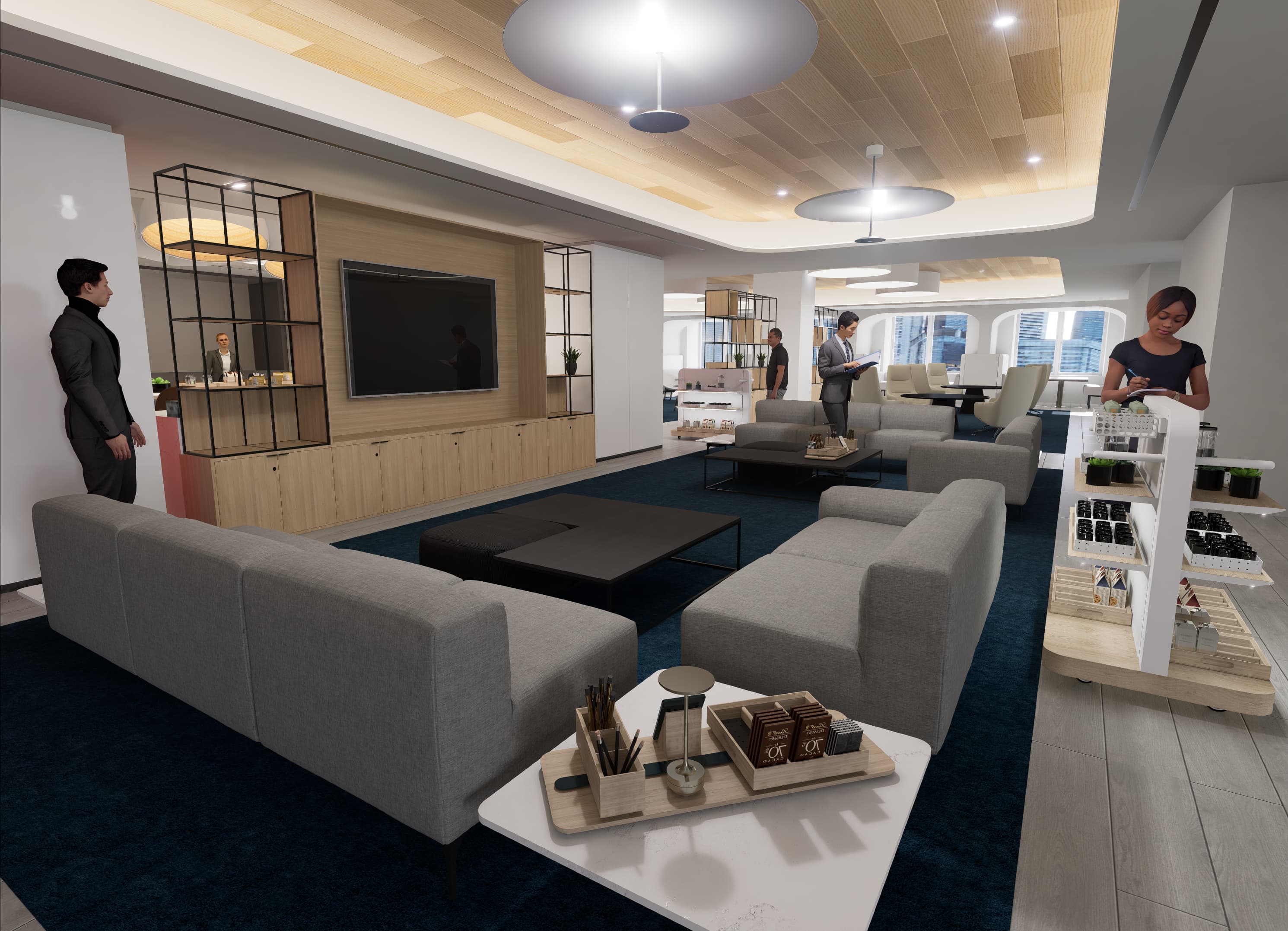 Design rendering of a workplace lounge with modular amenity displays