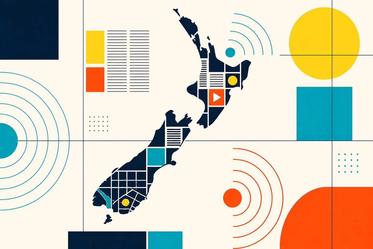 Abstract Swiss-style map of New Zealand assembled from news columns, broadcast waves and digital tiles